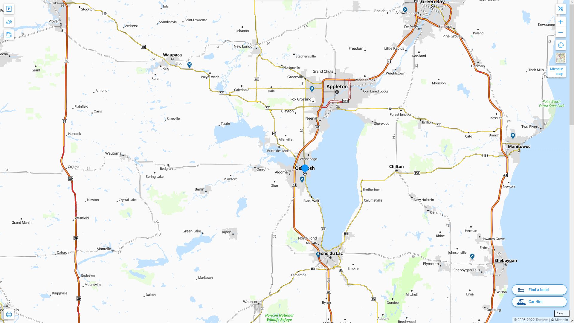 Oshkosh Wisconsin Highway and Road Map